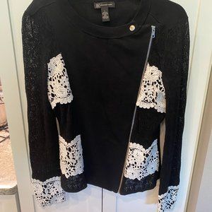 INC Black Sweater with White Lace Details